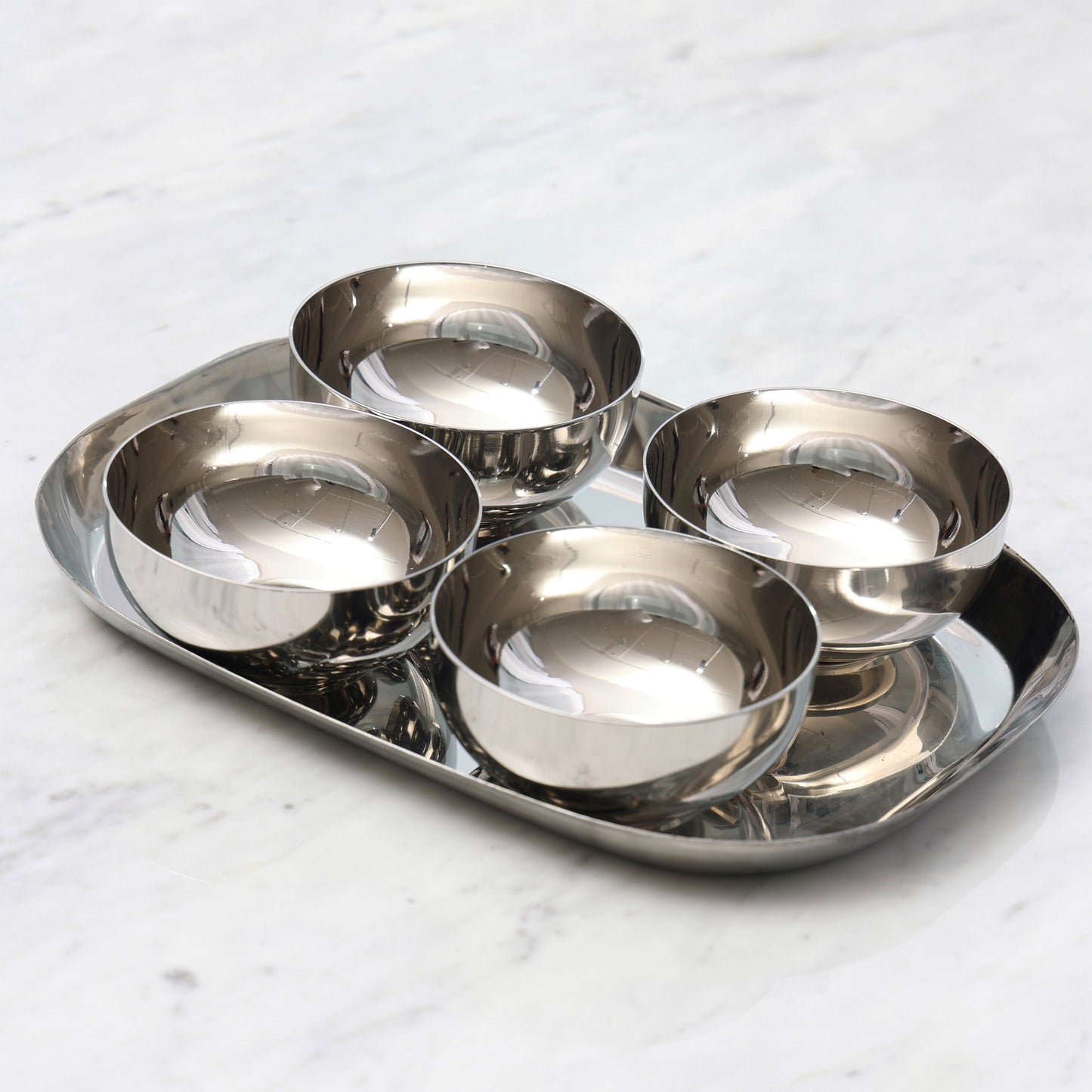 Silver serving tray with bowls
