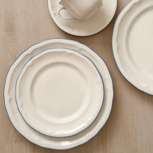 Riviera Dinnerware Set - Off-White Ceramic with Blue Rim
